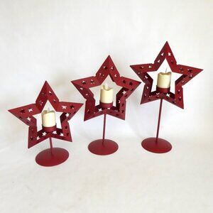 NEW 13” RED STAR CUT OUT METAL HOLIDAY VOTIVE CANDLE HOLDER SET OF 3
